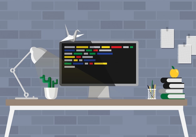 modern workspace with computer on program code on a screen. coding and programming concept.