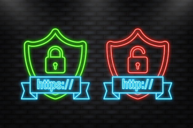 neon icon http and https protocols on shield