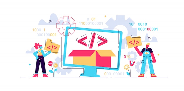open source illustration. tiny programming language persons concept. developer protocol platform interface with code information. digital software script, text, signs and computer data.