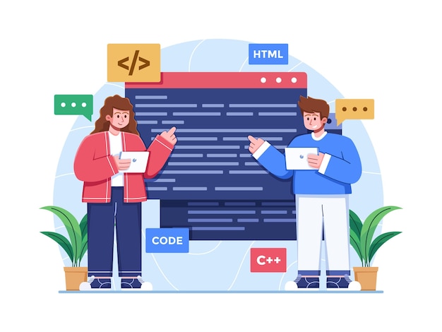people write code together to developing an application or website. programmer developer team.