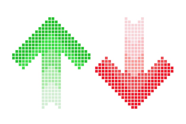 pixel arrow set two halftone arrows increase and decrease template red and green color