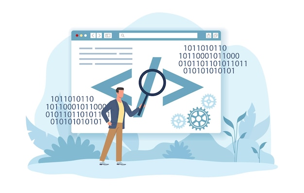 process of learning it programming in binary code understanding of computer language computational system or technology software development or coding vector cartoon flat concept