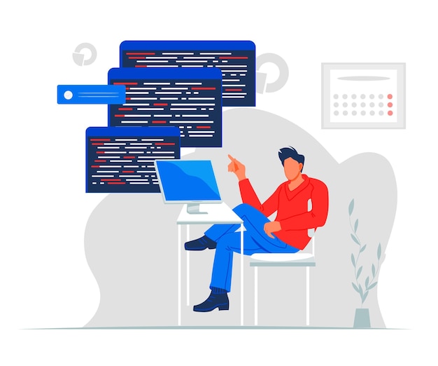 professional programmer writing code for testing computer software flat vector