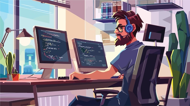 professional programmer writing software code for development program technology