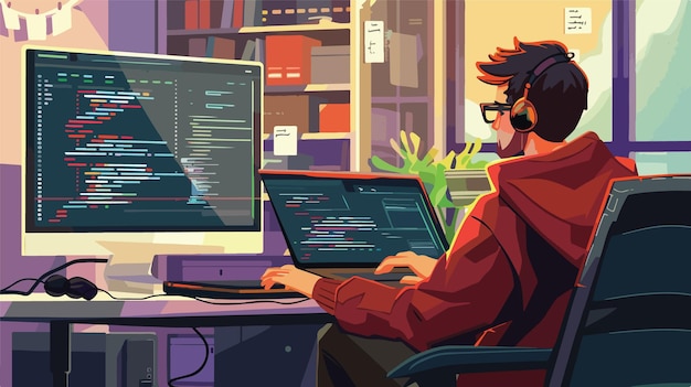 professional programmer writing software code for development program technology