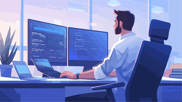professional software developer optimizing code with programmer or engineer in office setting