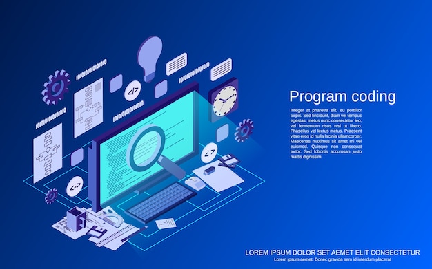 program coding, application development, web programming flat isometric vector concept