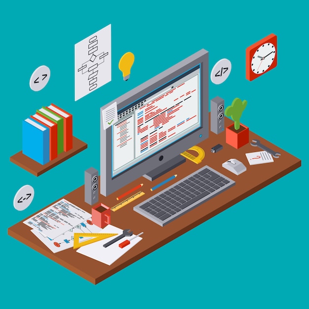 program coding, seo algorithm improvement, application development, web programming flat 3d isometric vector concept