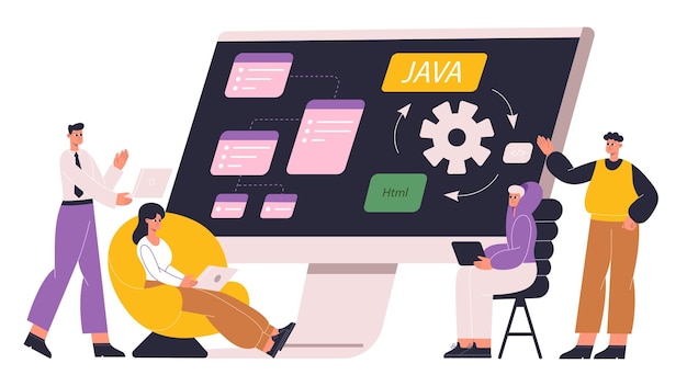 program development, software engineering and game design concept. javascript programmers and script writers vector flat illustration. software development project team. system application desktop