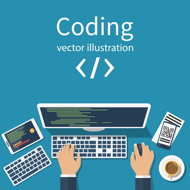 programmer coder in the workplace sitting at a computer software coding programming languages testing debugging web site design search engine