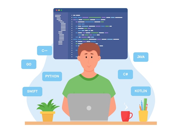 programmer coding concept man writing code at laptop develops program website or application