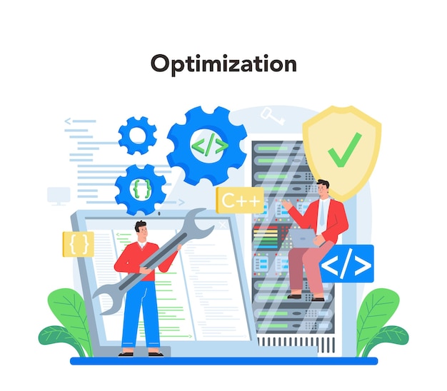 programmer concept idea of coding testing and writing program using internet and different software website development and optimization isolated vector illustration