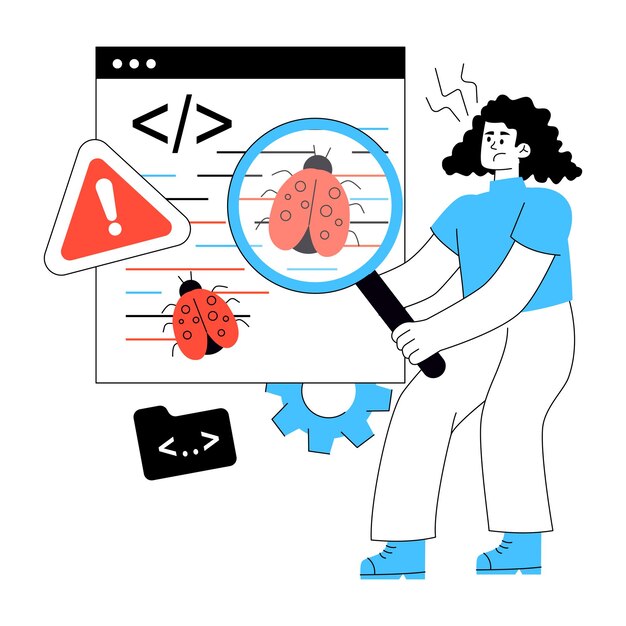 programmer debugging code and finding software bugs