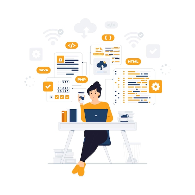 programmer developer software development engineer with laptop sitting at the office desk while coding and developing programming language php html css js concept illustration