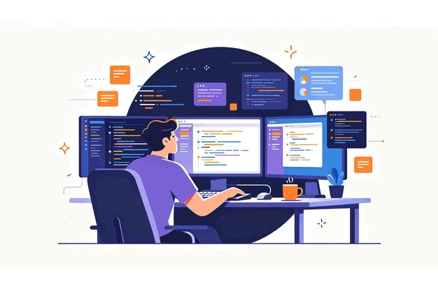 programmer or developer working on multiple computer screens with code and data