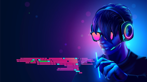 programmer in headset coding programm text in vr interface software developer of computer code code in programming environment futuristic computer technology concept man work in glasses headset