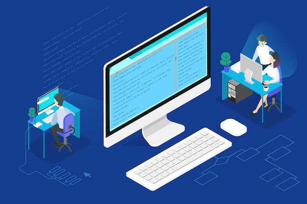 programmer or web developer concept. working on computer, coding and programming software. isometric  illustration