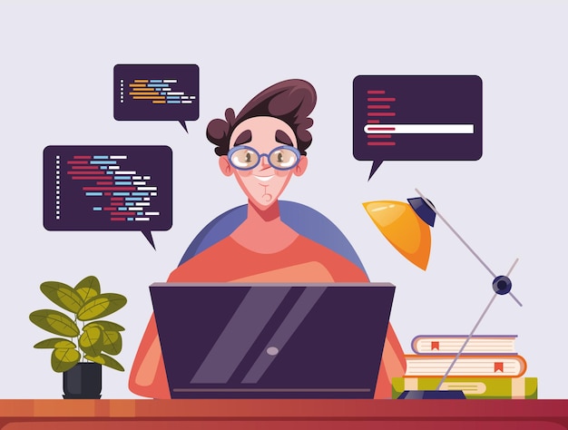 programmer work at laptop computer website code program concept