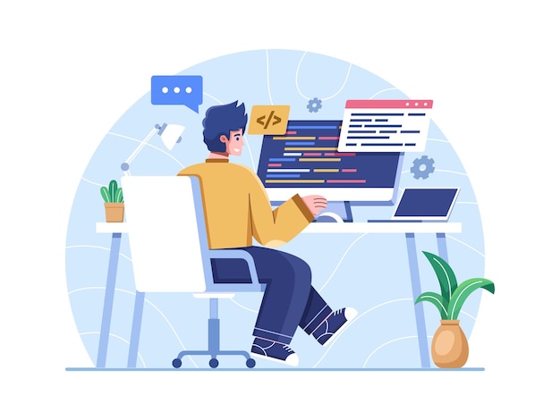 programmer work with code to develop an application or website on a computer. freelance writing code