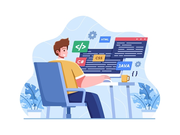 programmer work with code to develop an application or website on a computer. freelance writing code
