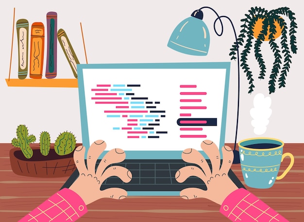programmer worker character develope computer programm code concept