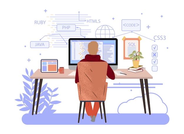 programmer working on computer engineering or coding website php python javascript vector concept
