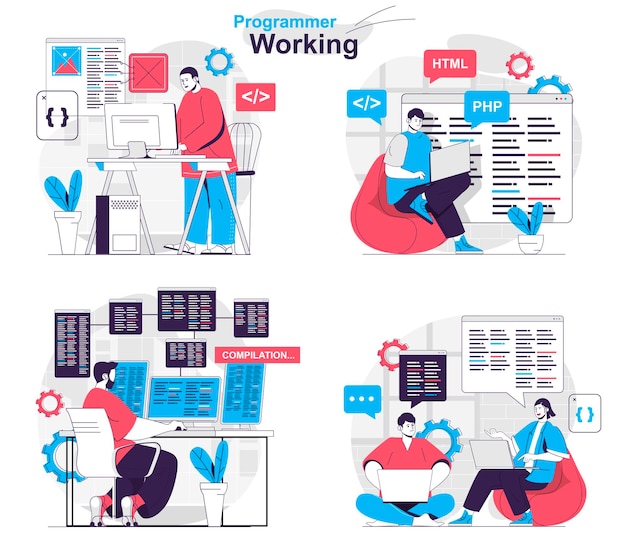 programmer working concept set developer creates software and tests programs