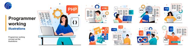 programmer working isolated set devops coding programming software testing of scenes in flat