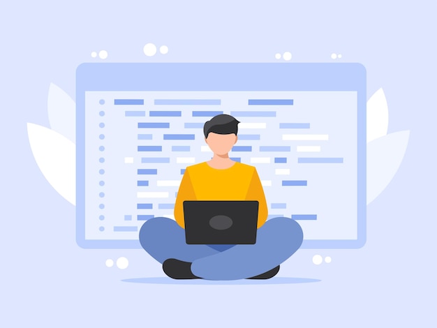 programmer working at laptop on the background of the window with the program code vector graphics
