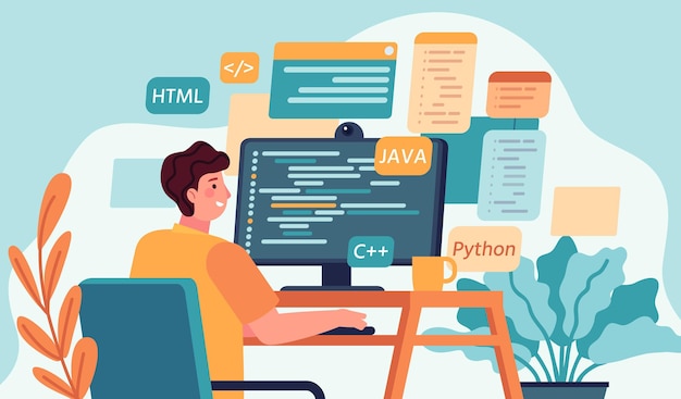 programmer working. program or web developer coding on computer. screen with code, script and open windows. coder engineer vector concept. illustration development programmer, programming and coding