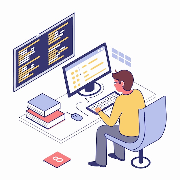 programmer working on web development code engineer programming in python php java script on computer vector illustration professional software developers concept