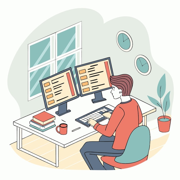 programmer working on web development code engineer programming in python php java script on computer vector illustration professional software developers concept