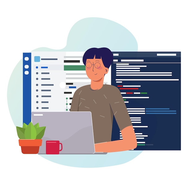 programmer working writing code on laptop with line of code programming language on screen web developer using version control repository