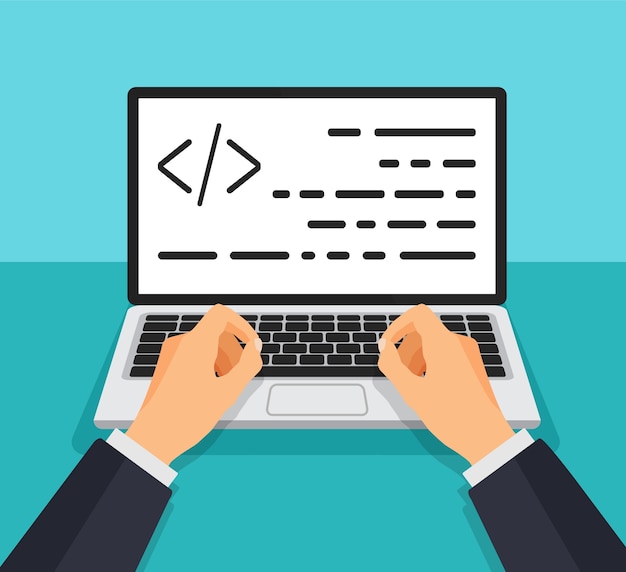 programmer working writing code. man typing on the keyboard with code on the screen. web developer, design, programming. coding concept.