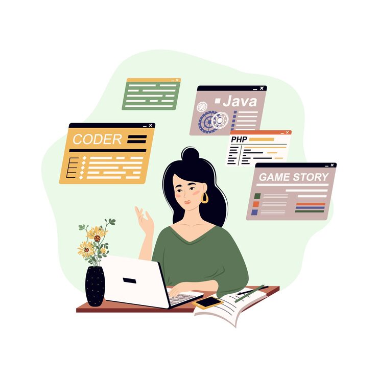 Vector programmer write software and create code concept of script coding and programming in php python