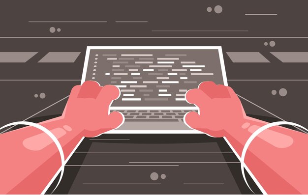 the programmer writes the program code on the laptop vector illustration