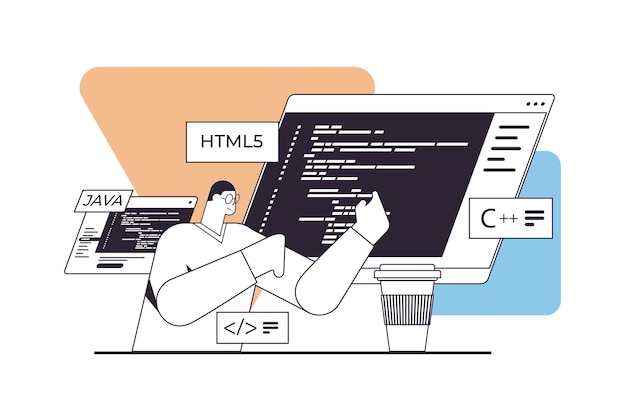 programmer writing code for computer app engineering software coding programming concept horizontal linear vector illustration