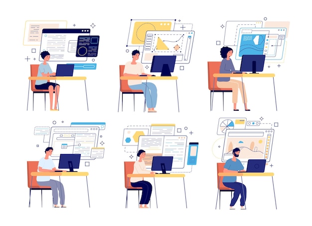 programmers and developers. computer game designer, web graphics or content managers. professional software develop team set. developer and programmer, software coding and programming illustration