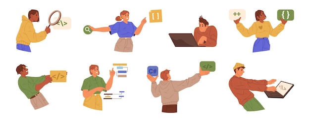 programmers showing code blocks with different symbol vector software engineers developing programs