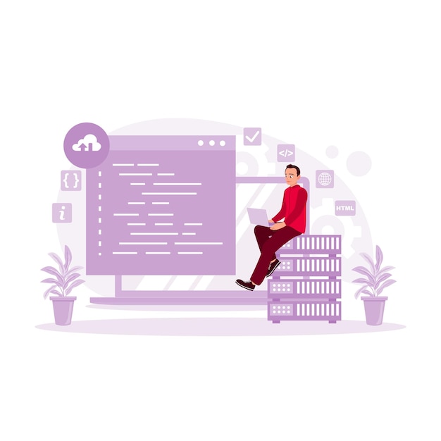 programmers use laptops to write software code database concept