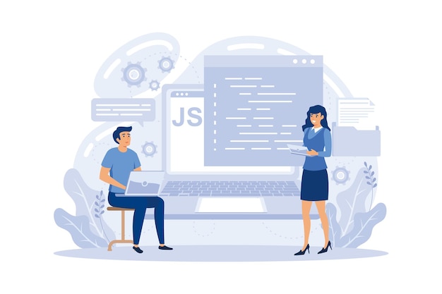 programmers using javascript programming language on computer, tiny people. javascript language,