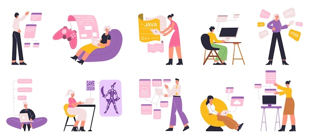 programmers, web, software engineers and game designers. web, game development, script coding, software developers vector flat illustration set. digital development workers, programming by programmer