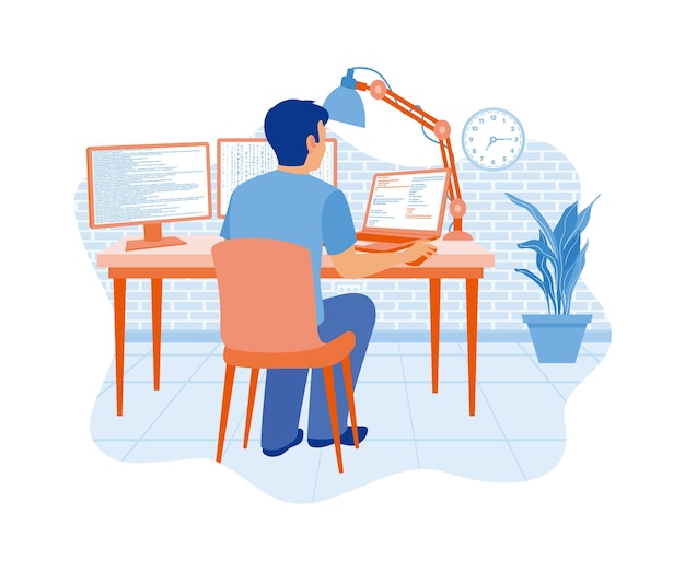 programmers work on dualscreen computers and laptops develop programming and coding technology