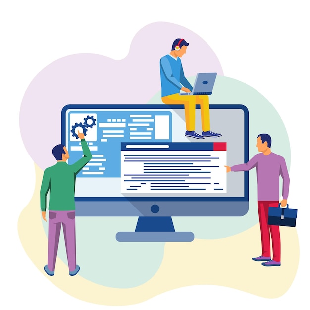 programmers at work programming application development website coding software concept vector illustration flat design prototyping testing interface development process