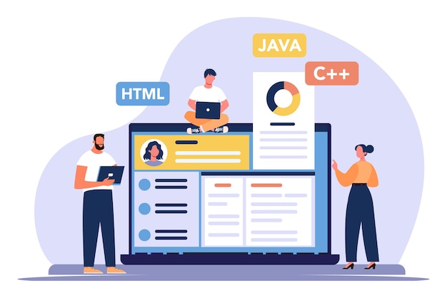 programmers working on website development using different programming languages vector illustration