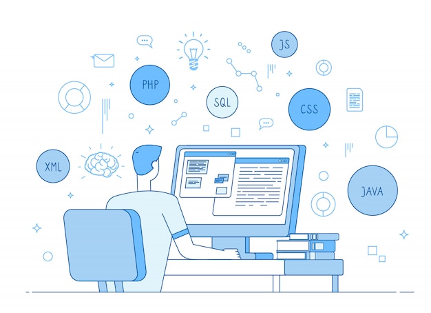 Programmeur coderingswebsite. Coder web er werkt op javascript, php code programmeertaal. Software ontwikkelingsconcept