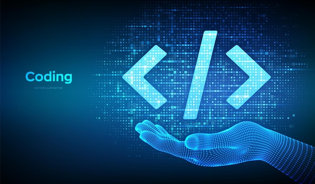programming code coding or hacker sign programming code icon made with binary code in wireframe hand