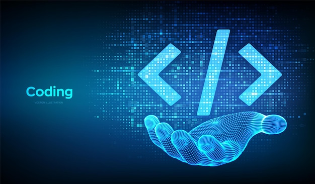 programming code coding or hacker sign programming code icon made with binary code in wireframe hand