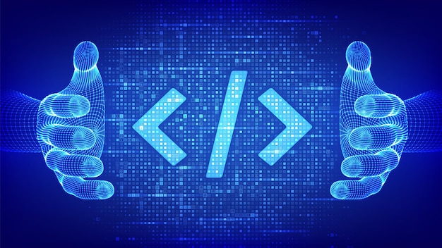 programming code coding or hacker sign programming code icon made with binary code in wireframe hands digital binary data and digital code matrix background with digits 10 vector illustration