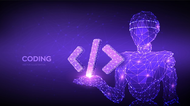 programming code icon. abstract robot holding programming code symbol in hand. coding background.